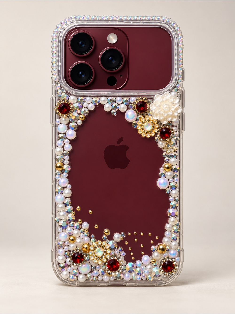 Custom Made Clear jeweled iPhone 18 Pro Max Bling Burgundy Red Gold Accents